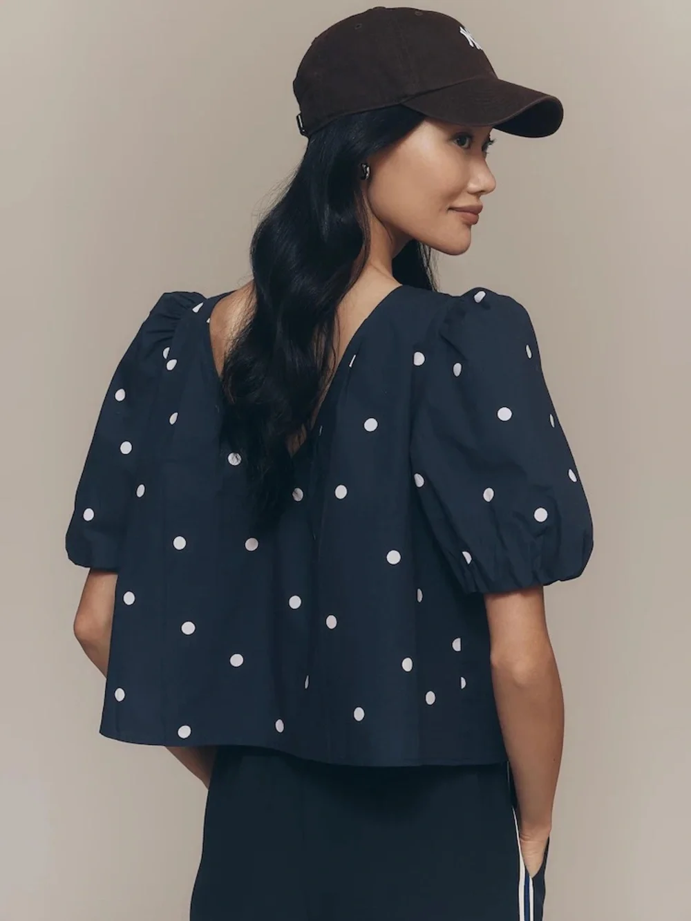 Anthropologie Maeve Polka Dot Puff Sleeve Cropped Top - Navy Womens Medium